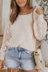 Hollow-Out Puffy Sleeve Drop Shoulder Round Neck Knit Pullover Sweater